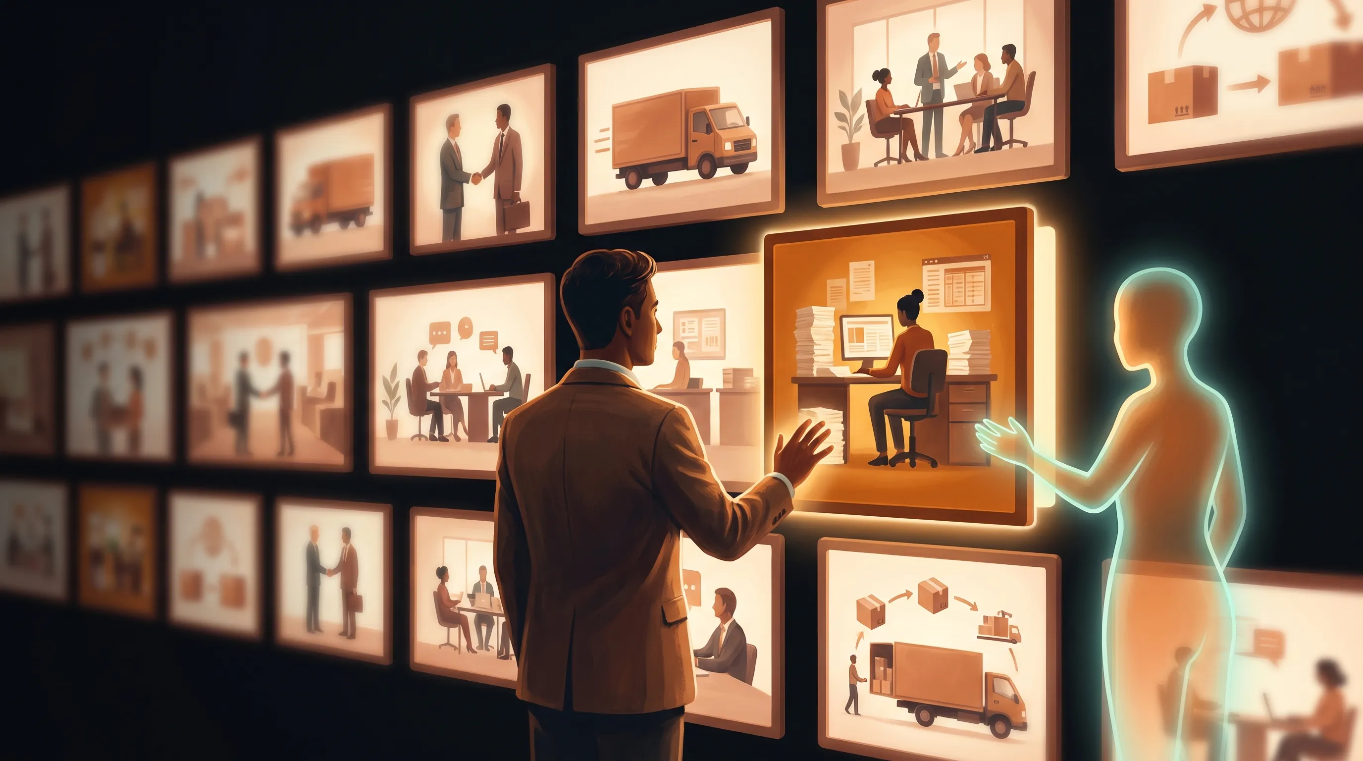 A business owner facing a wall of possible AI jobs, with one repetitive rule-based task pulled forward and lit up as the right place to start