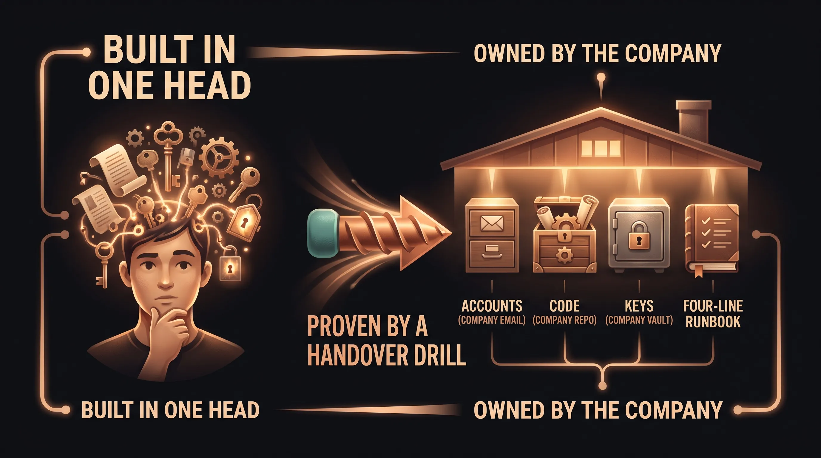 A before and after split: on the left one person holding every key, BUILT IN ONE HEAD; on the right four labeled boxes under a company roof, OWNED BY THE COMPANY, ACCOUNTS (COMPANY EMAIL), CODE (COMPANY REPO), KEYS (COMPANY VAULT), FOUR-LINE RUNBOOK, with an arrow PROVEN BY A HANDOVER DRILL