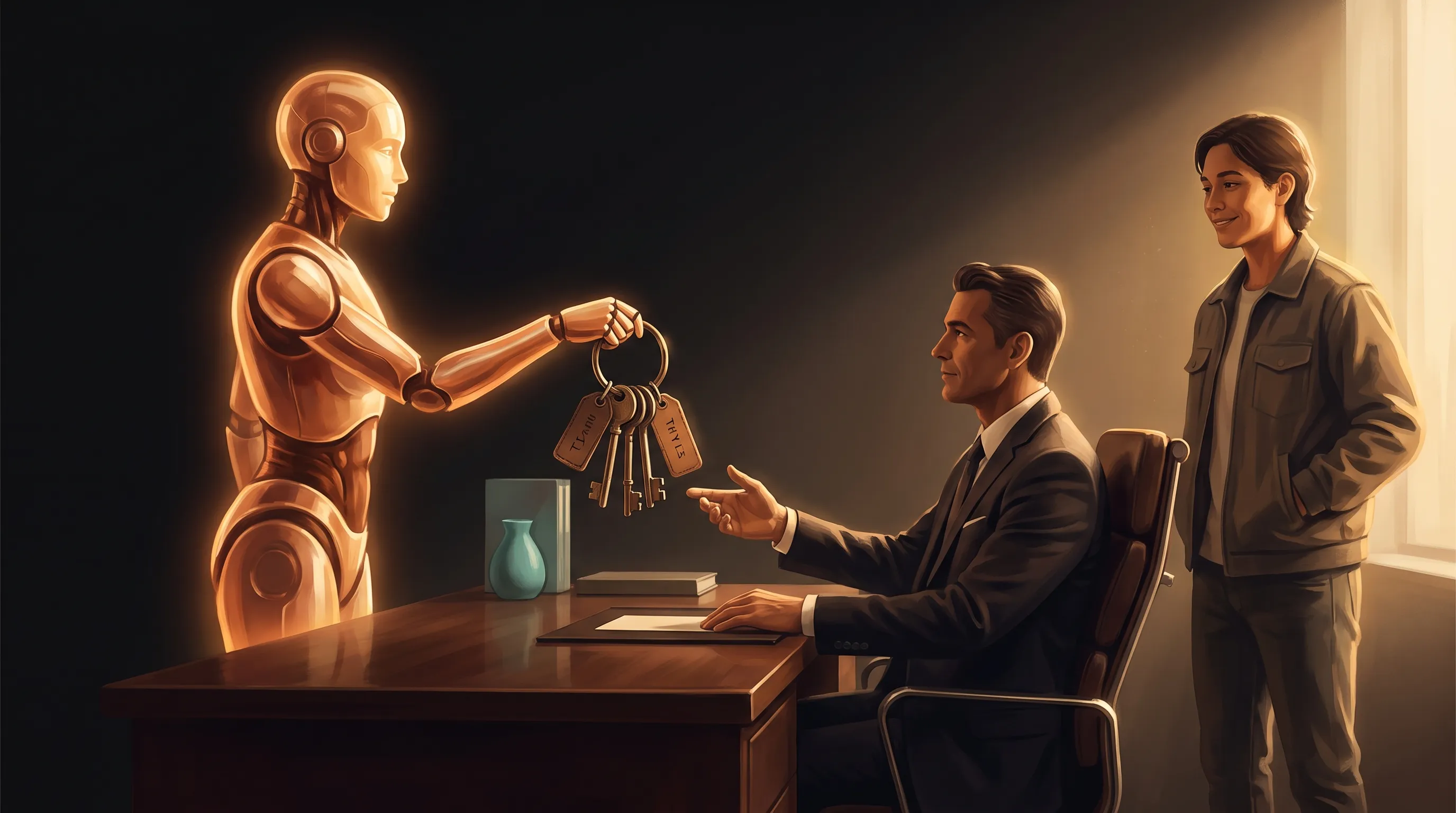 A warm amber AI employee handing a labeled ring of keys across a desk to a company executive while the original builder stands beside them, relaxed, hands in pockets