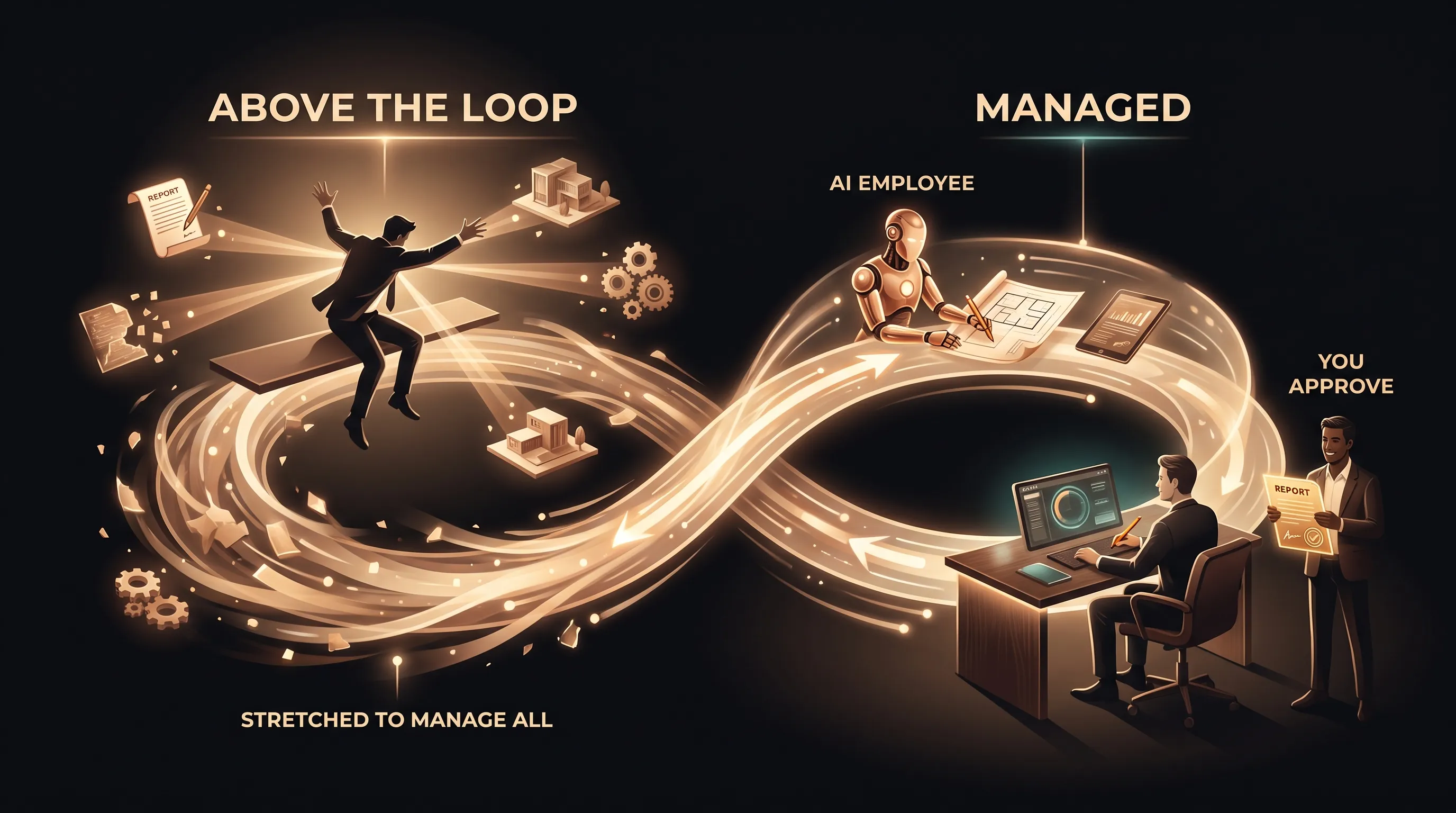 Two setups compared: on the left an owner alone above a widening loop of AI runs they must pick, brief, check, and stop, drowning in the supervision; on the right the same owner keeps their one job while a managed partner sits above the loop steering a single AI employee, with the owner approving the final output