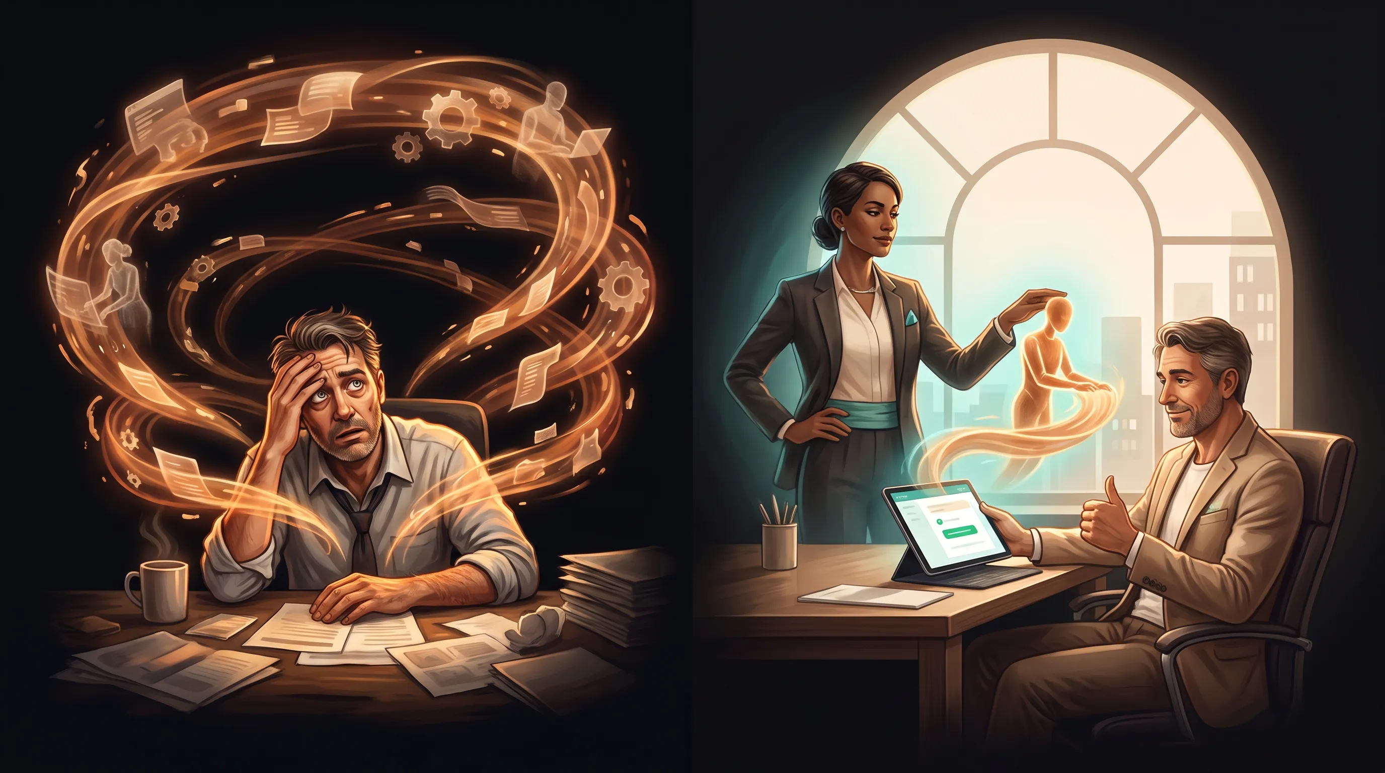 A tired small-business owner at a desk suddenly surrounded by many glowing amber work-streams they now have to supervise, versus a calm owner whose single managed AI employee is steered by a partner while a person approves
