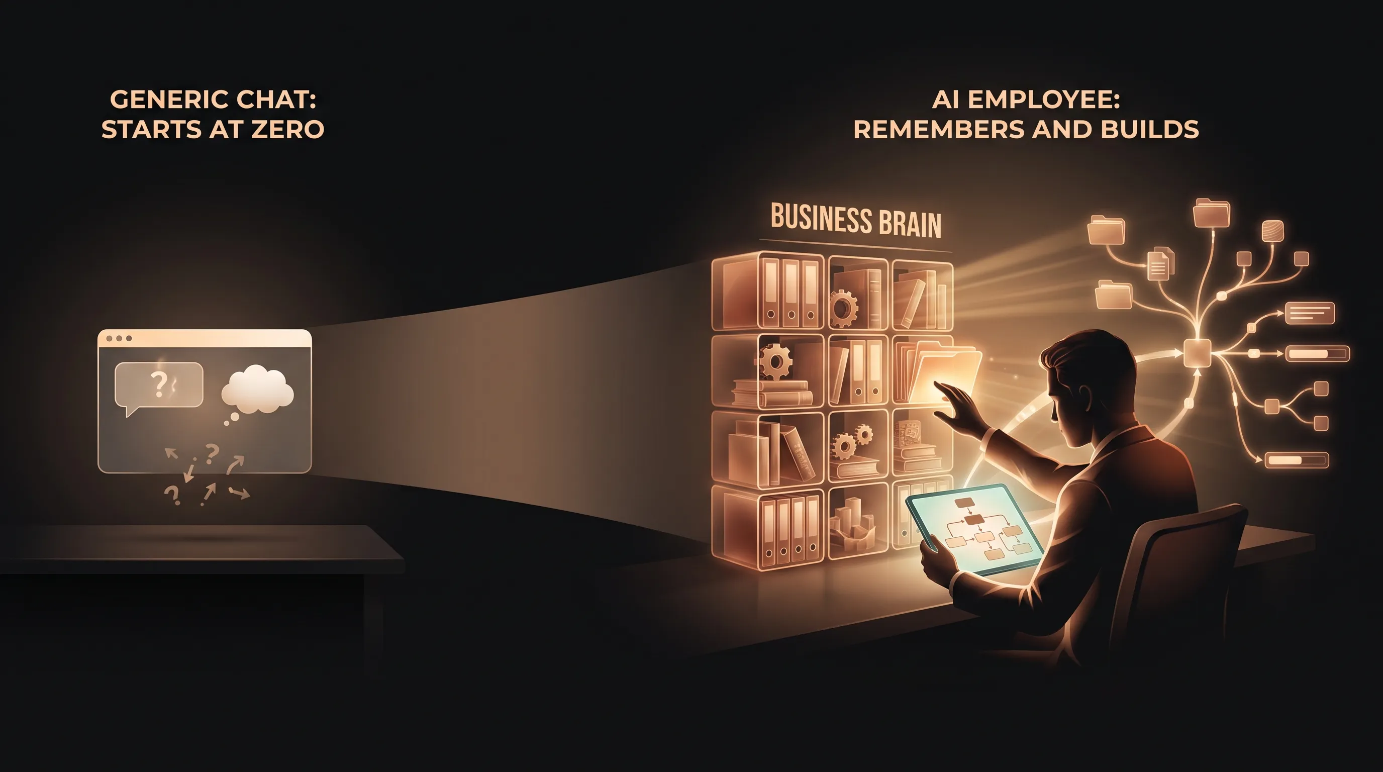A generic chat window starts every morning from a blank memory and guesses, while an AI employee reads its answers from a persistent Business Brain and builds on what it already knows