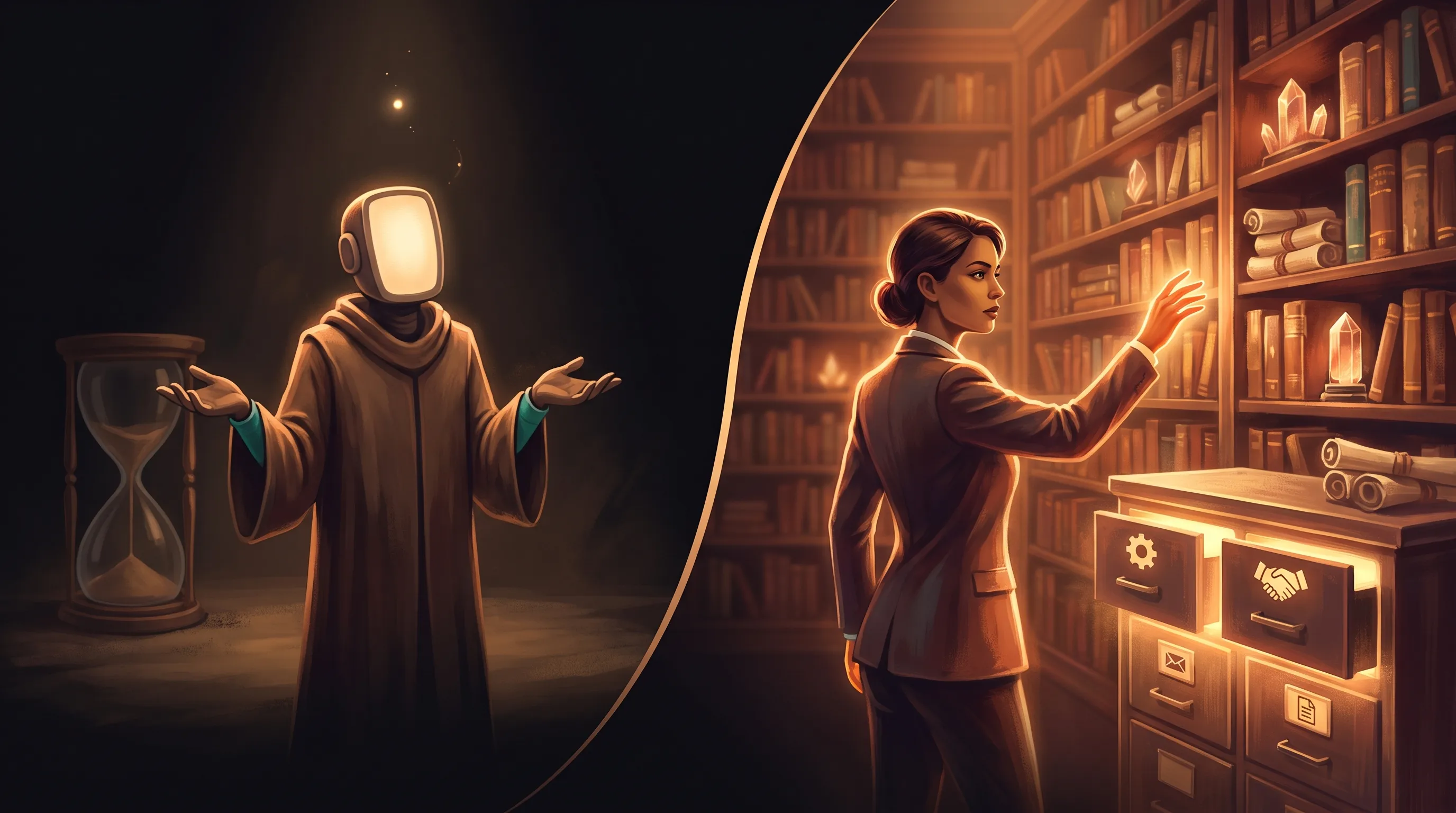A generic chat assistant starting from a blank memory each morning on one side, and an AI employee drawing on a persistent, organized Business Brain on the other