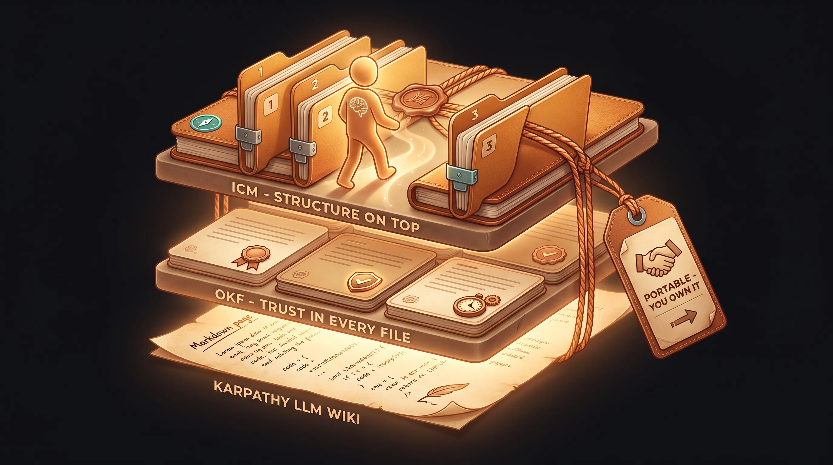 A layered stack: Karpathy's LLM Wiki at the base, an OKF foundation of markdown cards each carrying trust badges, ICM folder-structure sitting on top routing an AI employee, and the whole thing wrapped as a portable bundle you own