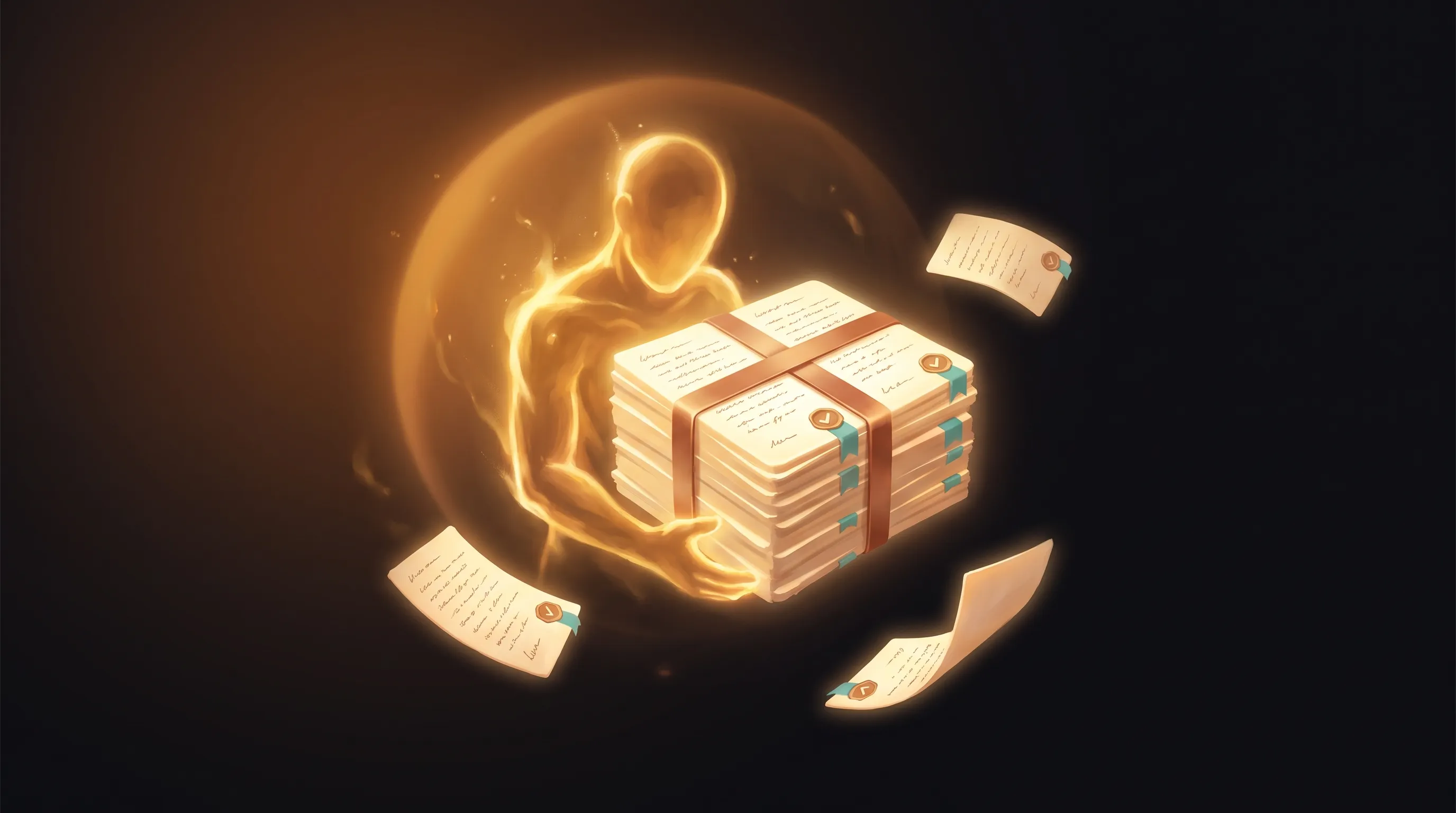 An AI employee as a warm amber presence tending a glowing, portable bundle of markdown knowledge cards, each stamped with a small trust mark