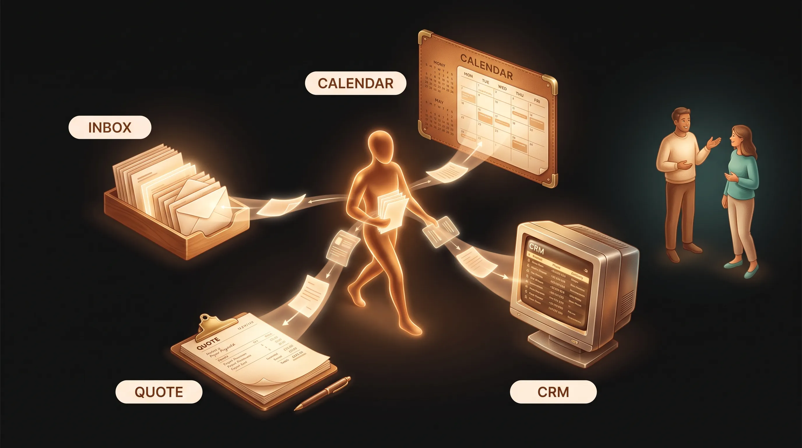 On one side, an owner in the middle carrying slips of paper between an inbox, a calendar, a CRM, and a quote pad; on the other, a warm amber AI employee doing the carrying while the owner talks with a customer