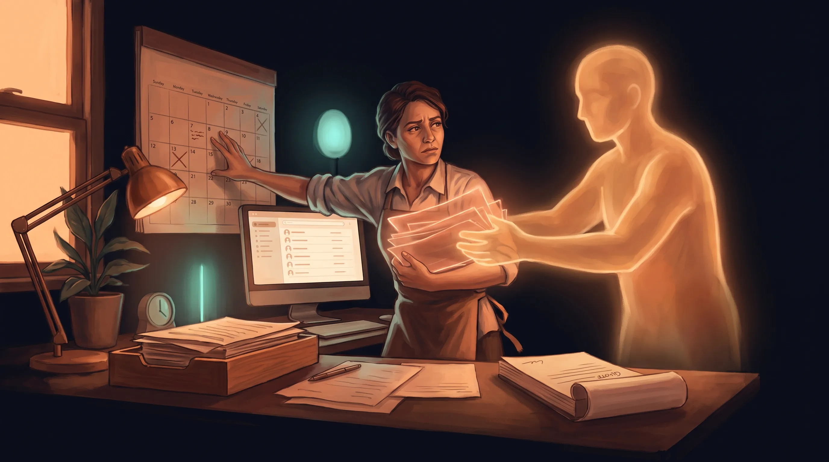 A small-business owner standing between an inbox, a calendar, a CRM, and a quote pad, carrying pieces of information from one to the next, while a warm amber AI employee takes over the carrying