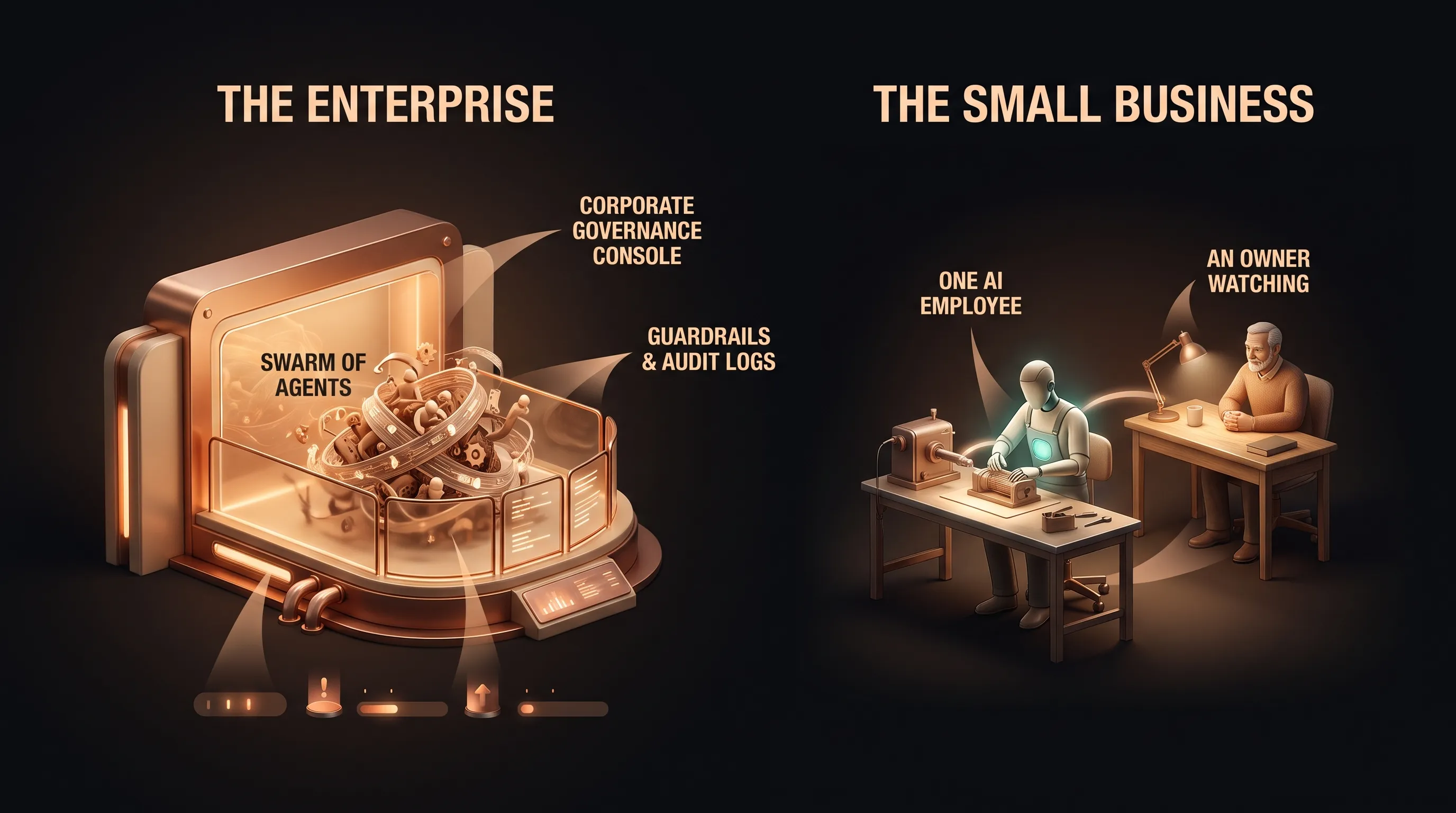 Two answers side by side: the enterprise wraps a tangled swarm of agents in a governance console with guardrails, audit logs, and alerts; the small business runs one scoped AI employee with a single job and an owner watching