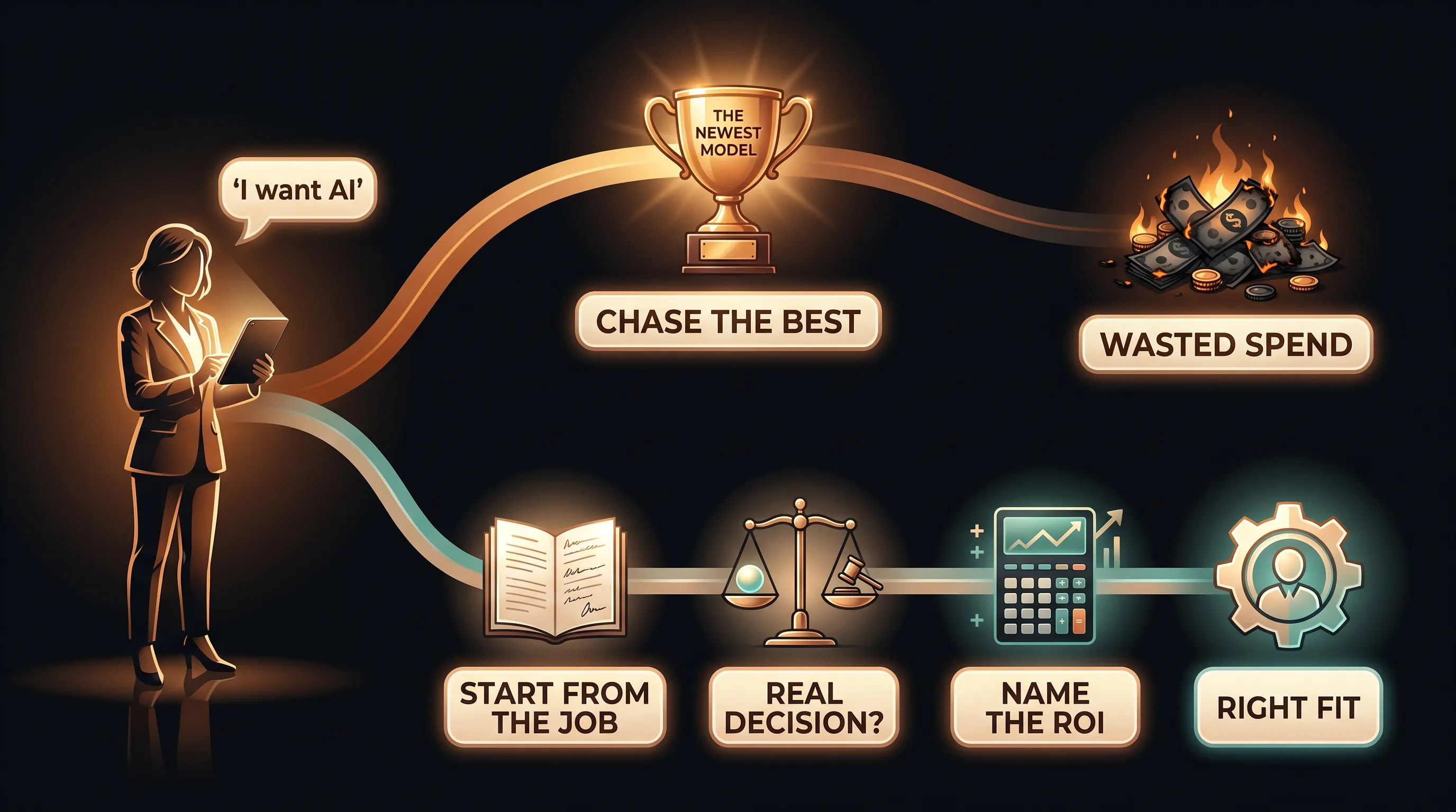 The wrong path chases the newest model and burns money; the right path starts from the job, tests whether there's a real decision and a nameable ROI, then routes to an AI employee, simple software, or a process fix