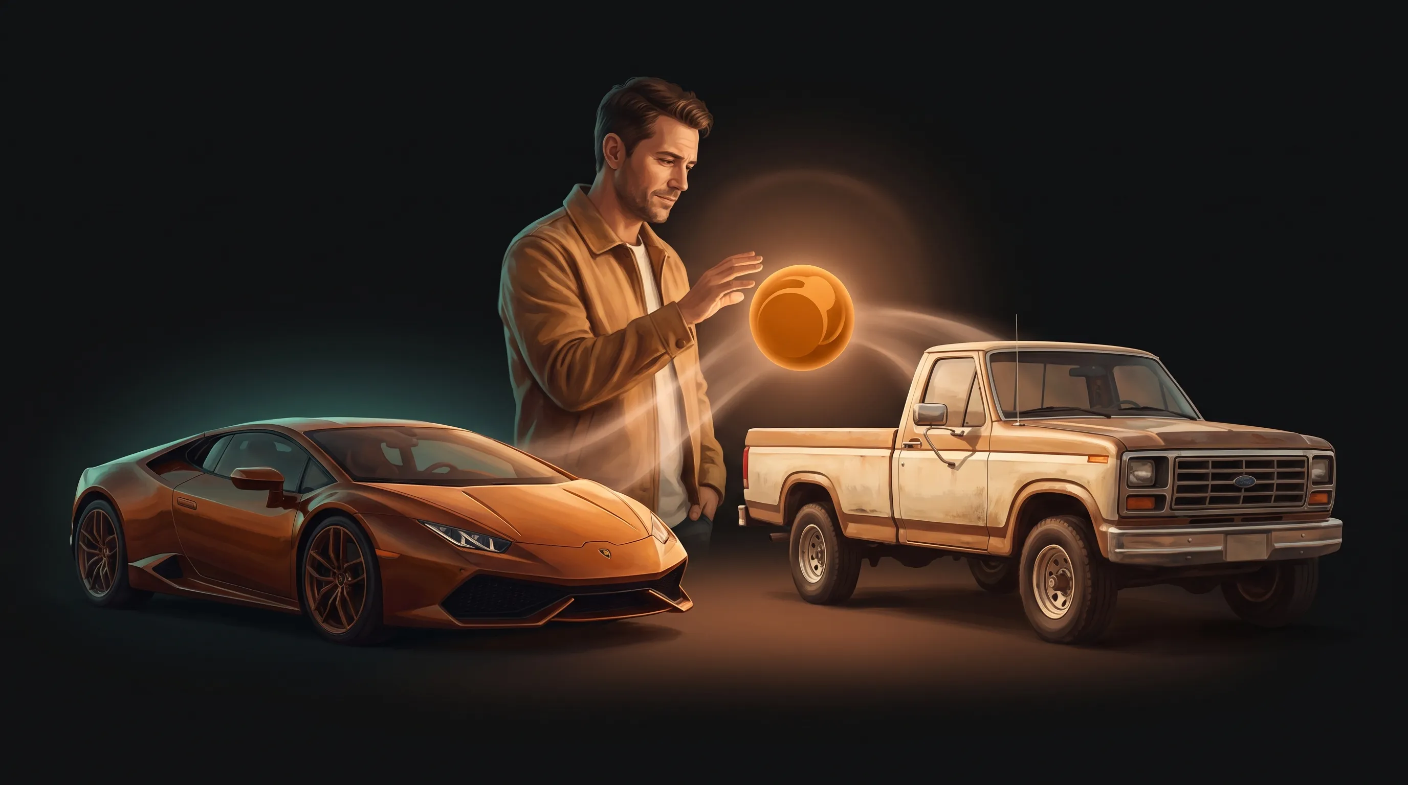 A business owner weighing a flashy exotic supercar against a plain reliable pickup truck, with an AI employee helping match the choice to the actual job