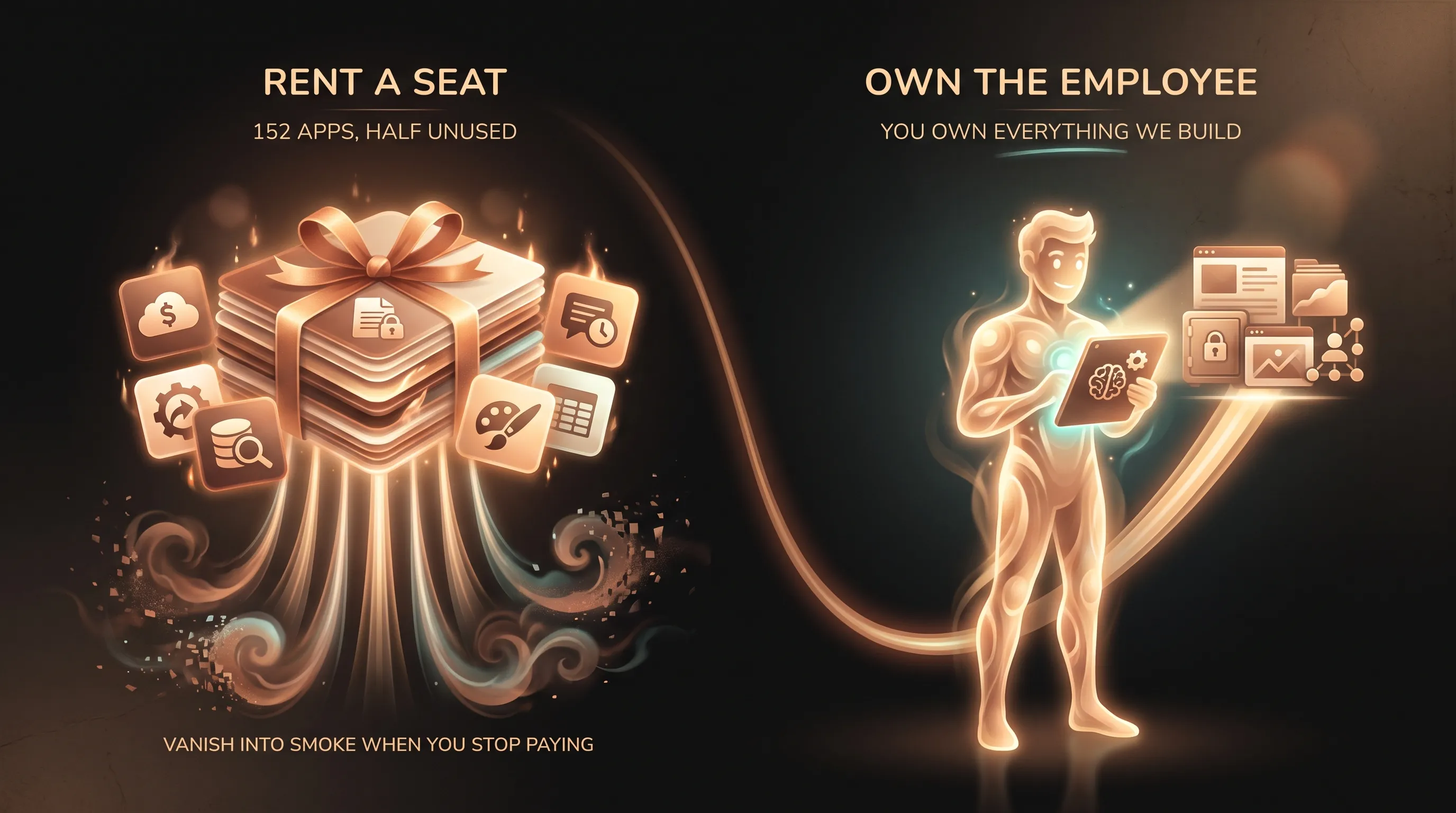 Renting means a growing pile of software seats you lose the day you stop paying, while owning means a single AI employee that stays yours because you own everything we build
