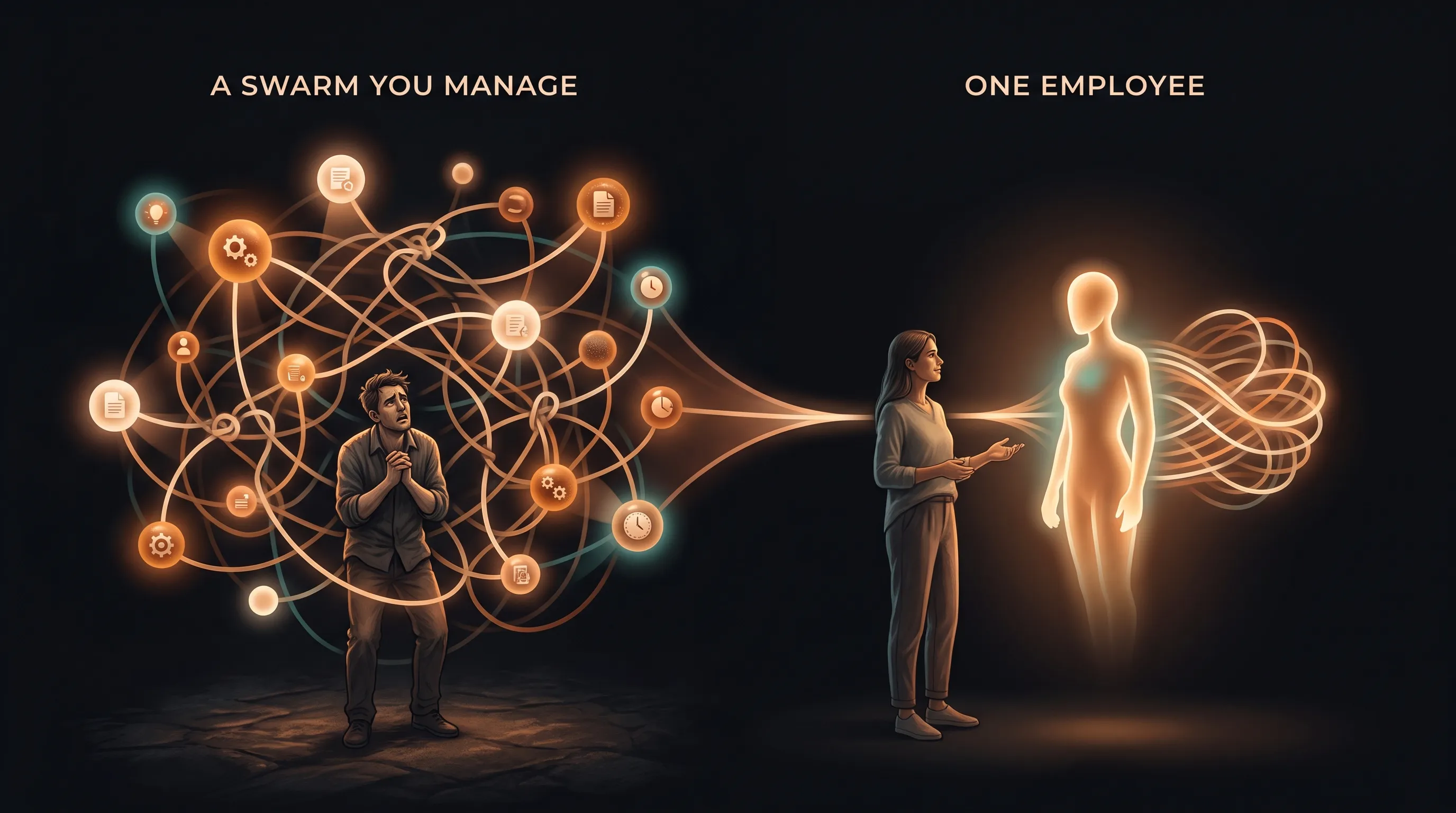 On one side, an owner overwhelmed by a swarm of buzzing agents each needing direction; on the other, the owner calmly talking to a single warm amber AI employee, with the tangle of coordination tucked neatly behind it
