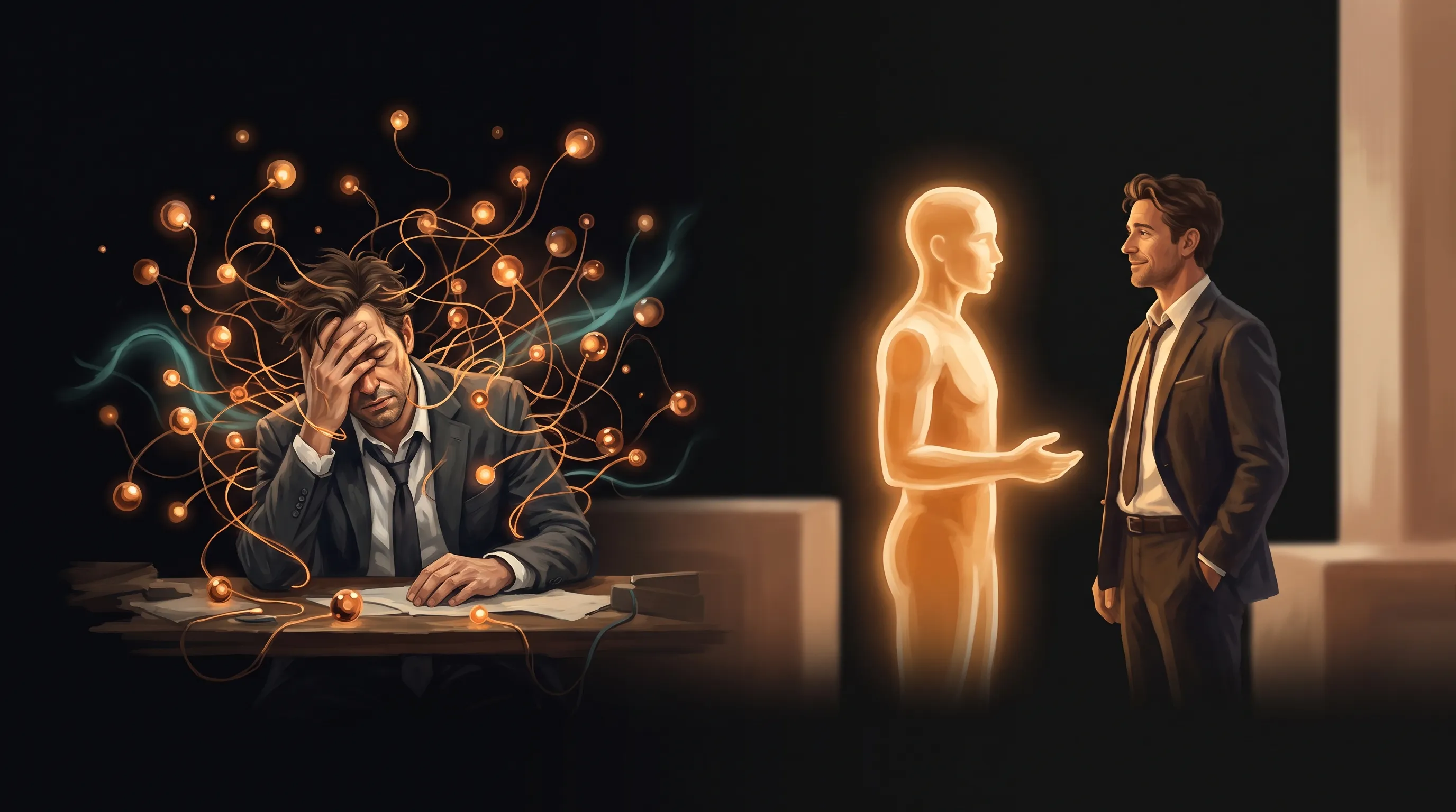 A tired business owner surrounded by a swarm of small buzzing AI agents all demanding attention, beside a calmer scene of one steady warm amber AI employee the owner simply talks to