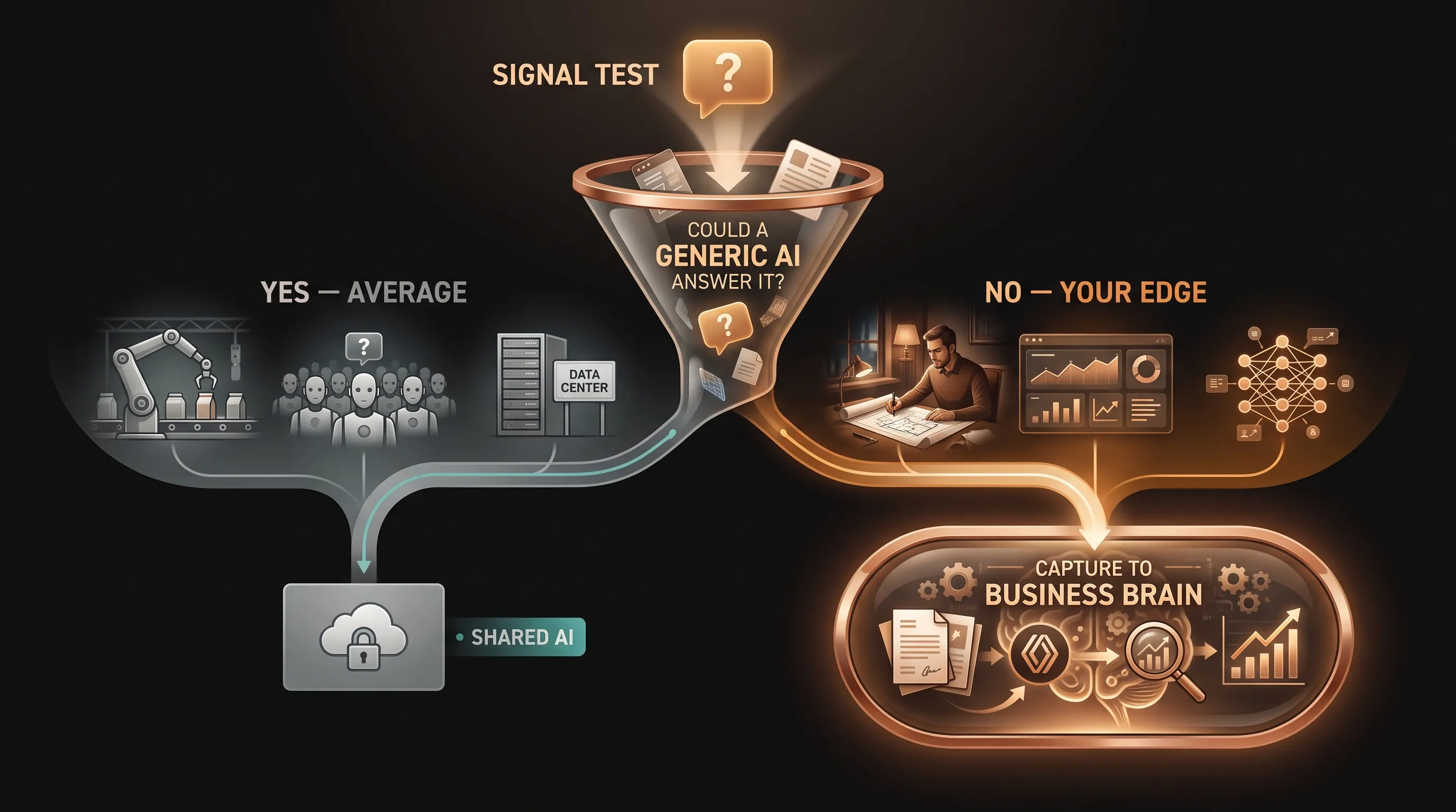 A funnel labeled Signal Test: a question drops in and splits into two paths, one marked average and grey that any generic AI can answer, one marked your edge and amber that only your business knows, with the amber path feeding into a Business Brain