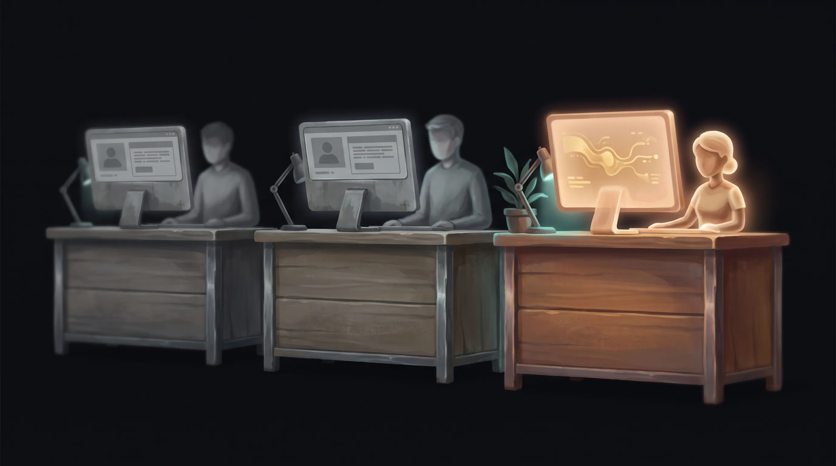 Two near-identical front desks showing the same grey generic AI answer, while a third screen glows warm amber because its AI employee runs on the business's own knowledge